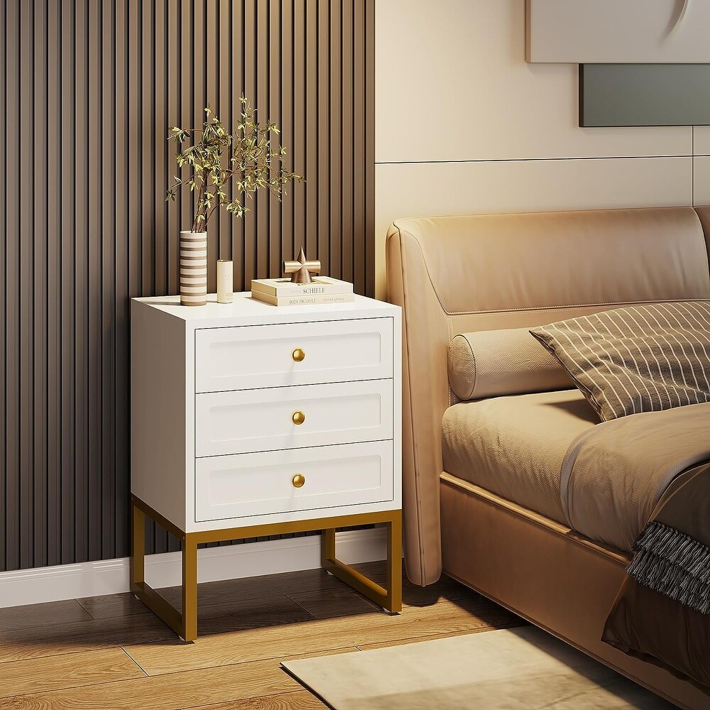 3 Drawer Nightstand  White Modern Sofa End Table  Woode for Bedroom