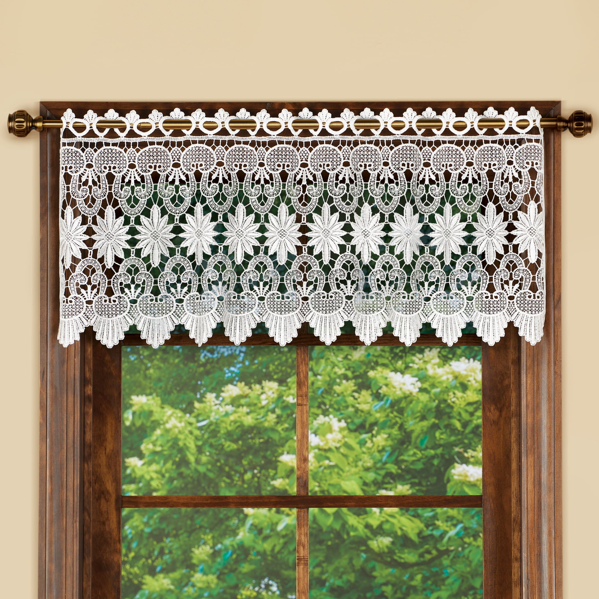 Collections Etc Macrame Curtain Scalloped Valance Window Topper for Bathroom, Bedroom, Kitchen, White