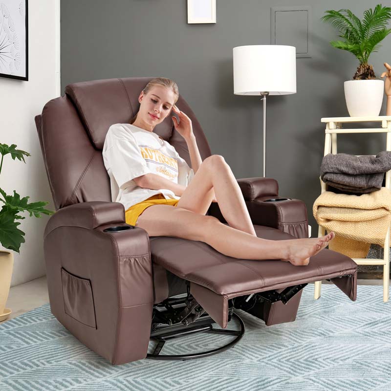 Leather Massage Recliner Chair 360 Degree Swivel Glider Rocker with Lumbar Heating & Remote Control