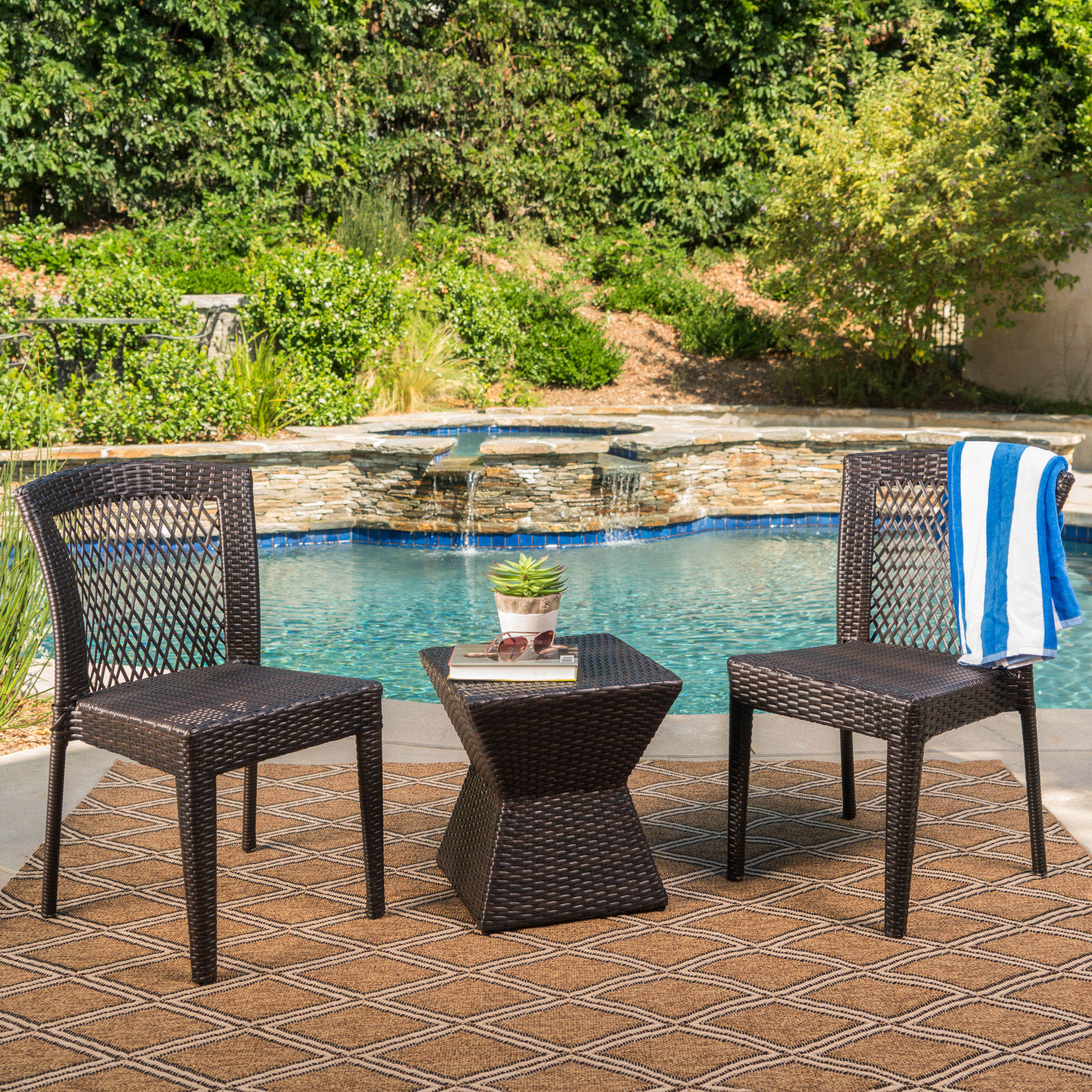 Malsborough Outdoor 3 Piece Multi-Brown Wicker Chat Set with Stacking Chairs