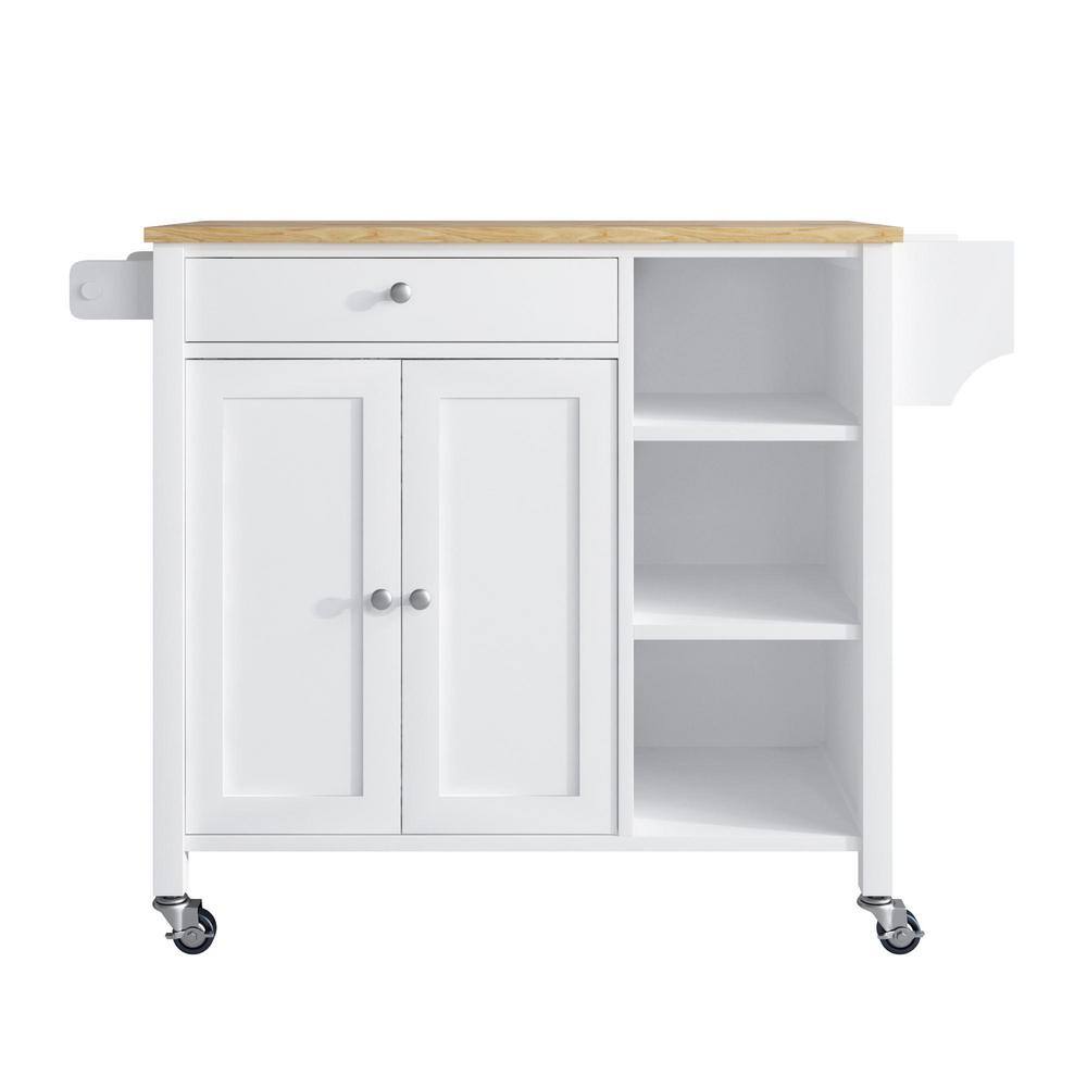 Whatseaso White Wood 39.37 in. W Kitchen Island with Double Doors Lockable-Wheels and Towel Rack FEB23081002KI