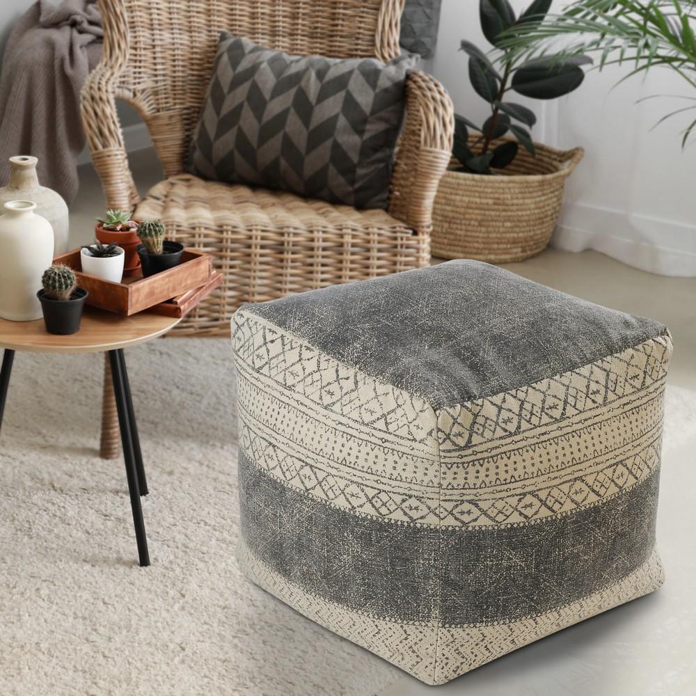 Lr Home Geometric Handmade Polyester Pouf， Beige