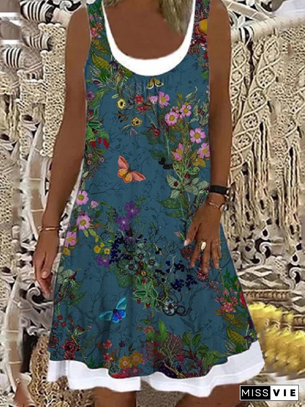 Women's Sleeveless Scoop Neck Floral Printed Fake 2-Piece Mini Dress