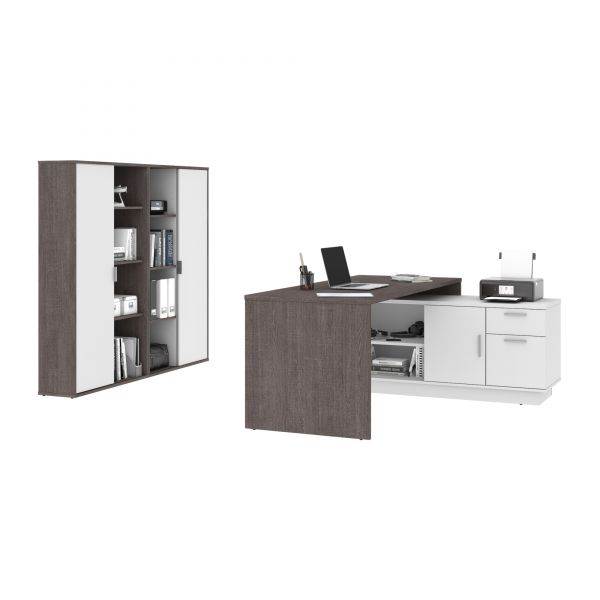 Bestar Equinox 3-Piece L-Shaped Desk and Two Bookcases - Bark Gray and White