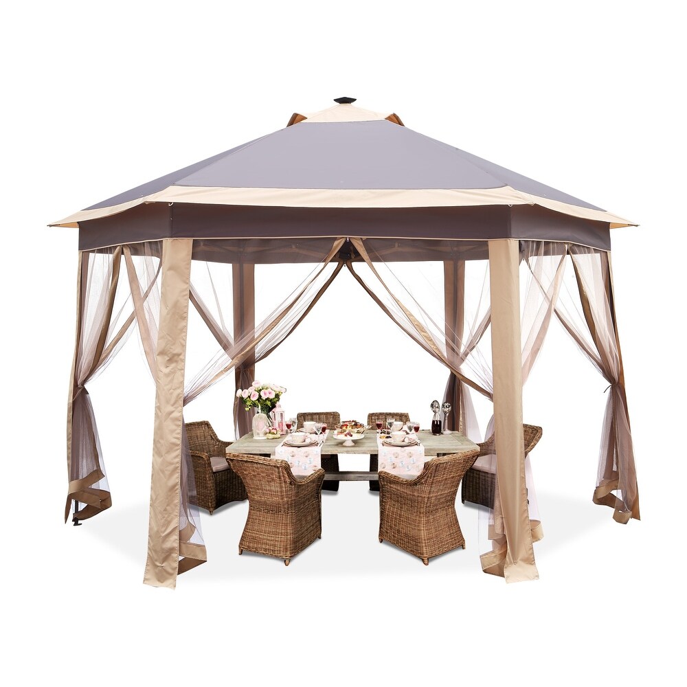 Outdoor Hexagonal Gazebo with Mosquito Net Center Light   6 LED Lights