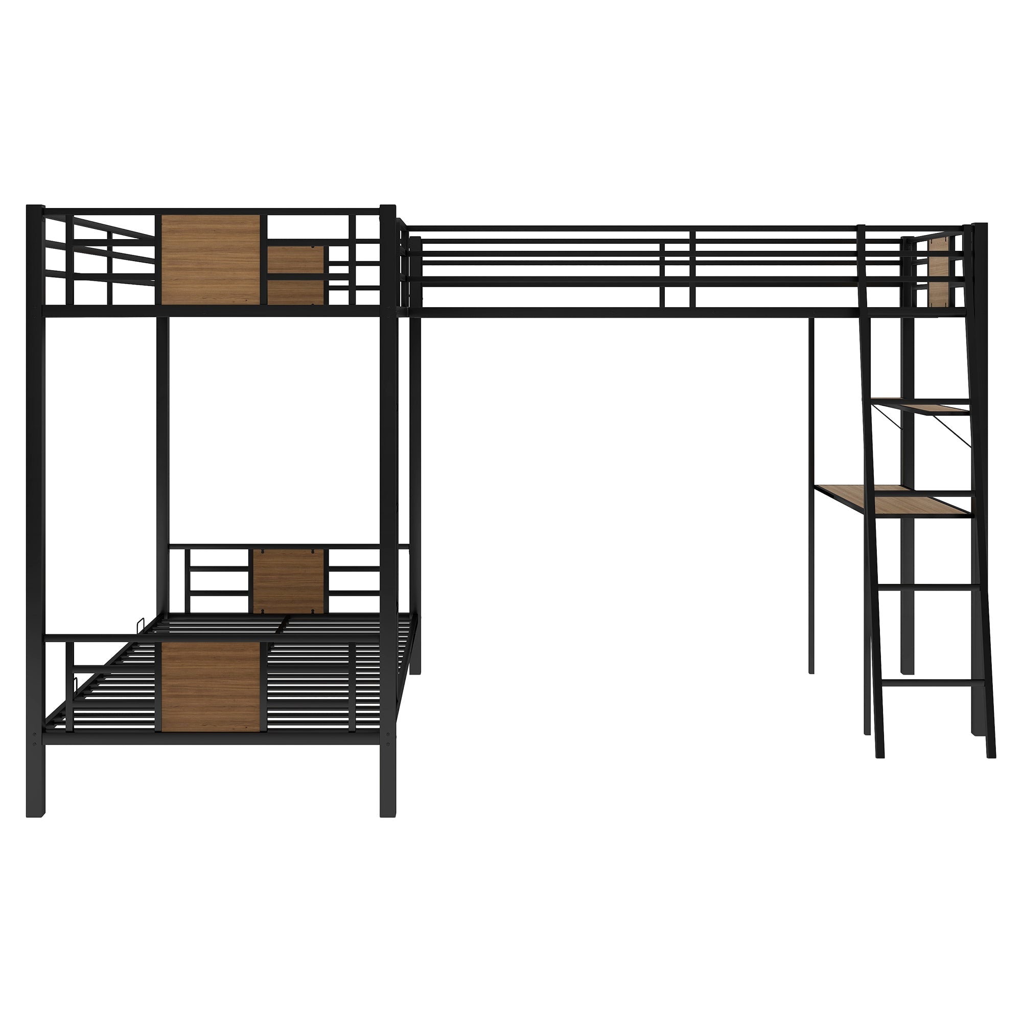 EUROCO L-Shaped Twin over Twin Bunk Bed with Desk and Shelf for Kids Bedroom, Brown