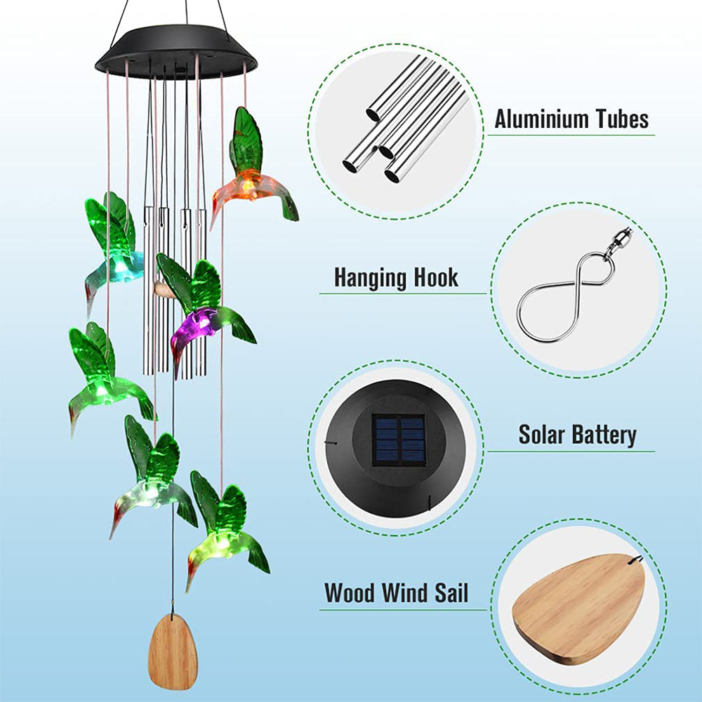 Fangsheng Outdoor Wind Chimes， Solar Hummingbird Lights Colors Changing Waterproof for Patio， Garden