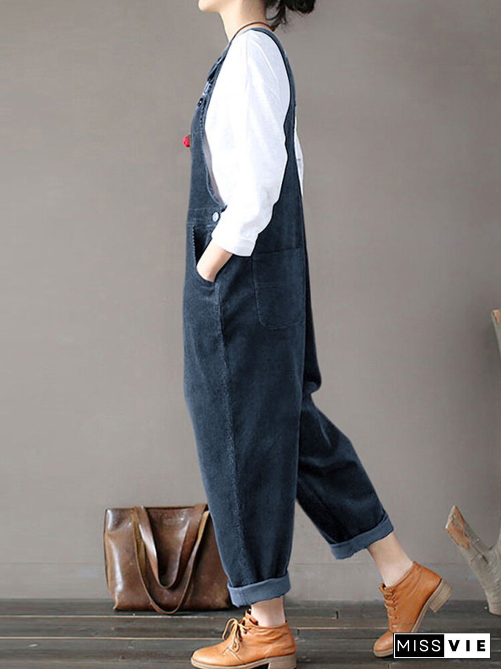 Solid Color Button Pockets Sleeveless Corduroy Jumpsuits