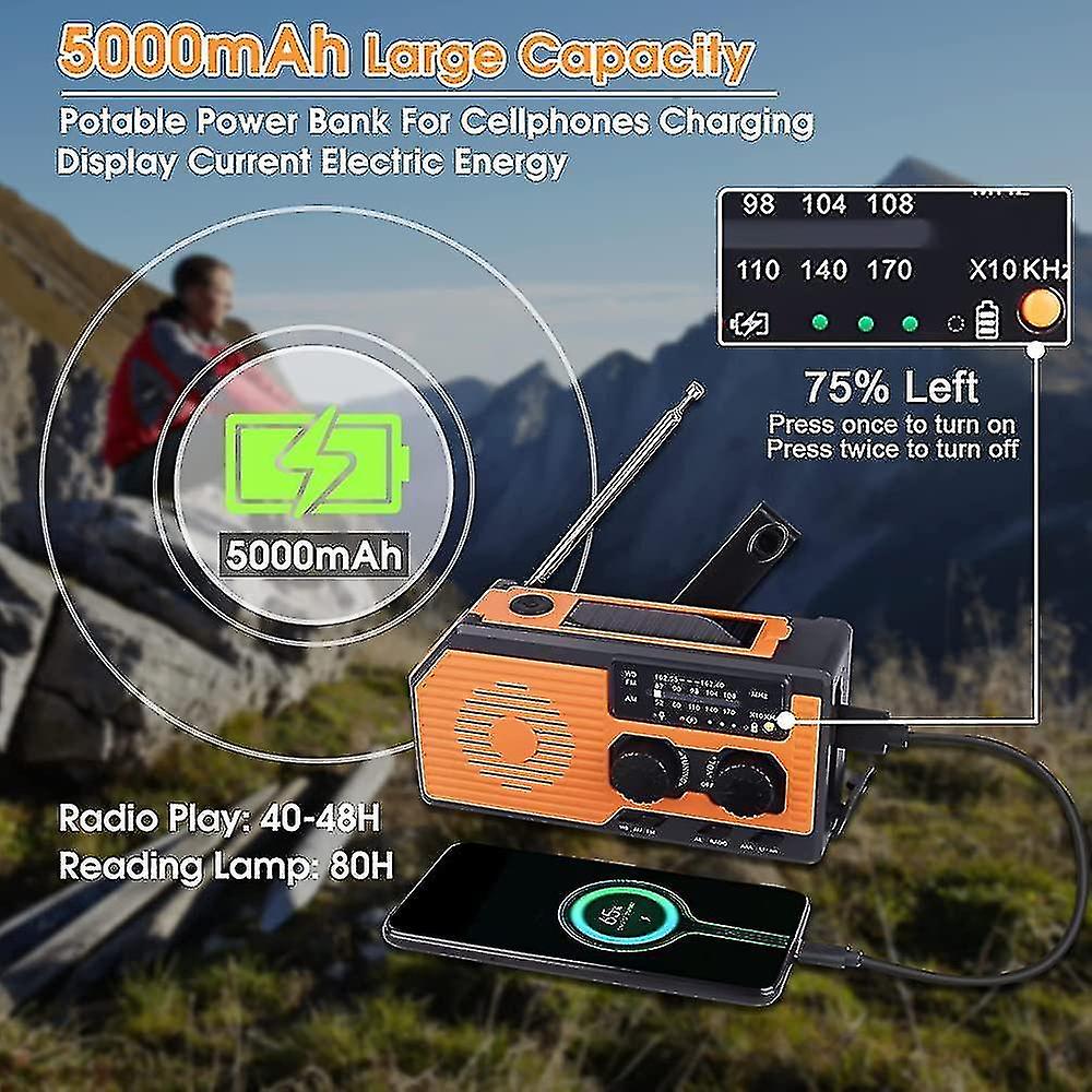 Solar Powered Radio， 5000mah Waterproof Rechargeable Portable Dynamo Radio， Flashlight， Reading Ligh