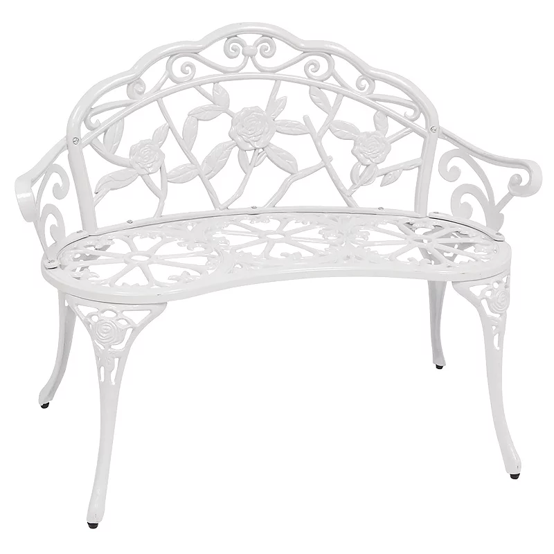 Sunnydaze 2-Person Classic Rose Cast Aluminum Outdoor Garden Bench - White