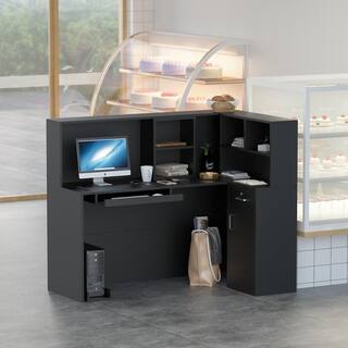 FUFUGAGA 55.9 in. L Shaped Black Wood Computer Desk with 5-Shelves Drawer and Cabinet Writing Table Workstation Reception Desk WFKF210088-02