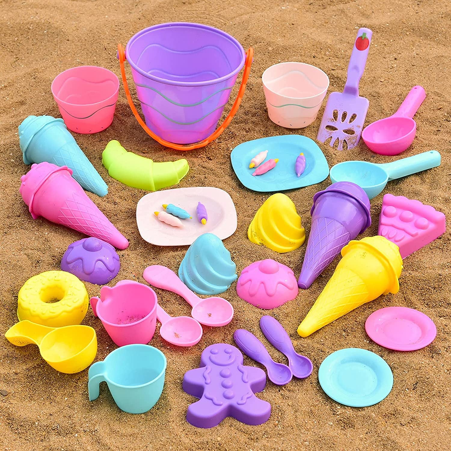 Fun Little Toys 38Pcs Ice Cream Beach Toys Sand Toys Set for Kids, Beach Toys Tools, Sand Shovels, Beach Bucket Birthday Gifts for Girls,Toddlers