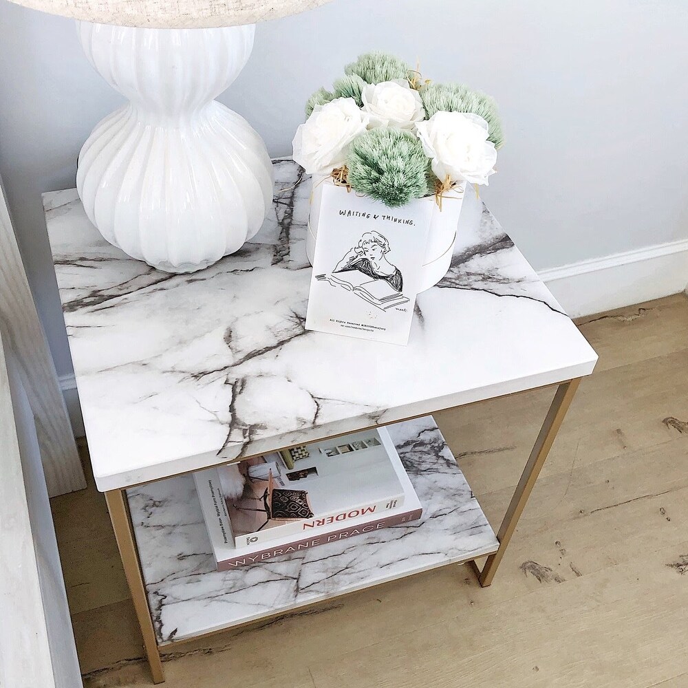 Roomfitters 2 Tier White Faux Marble Print End Table for Living Room