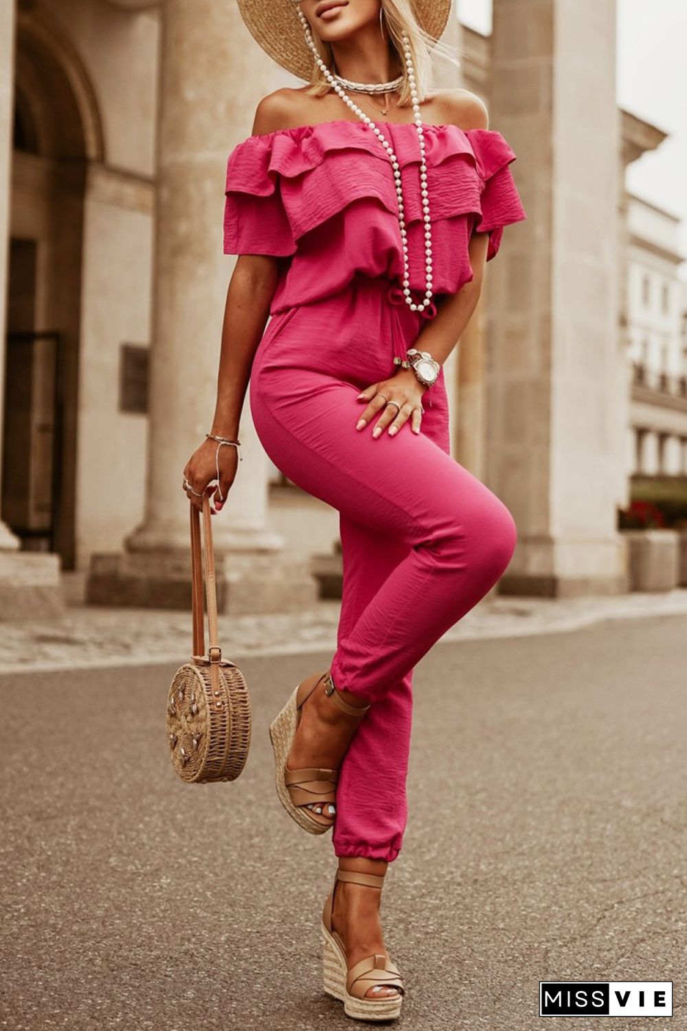 Rose Ruffled Off Shoulder Jogger Jumpsuit