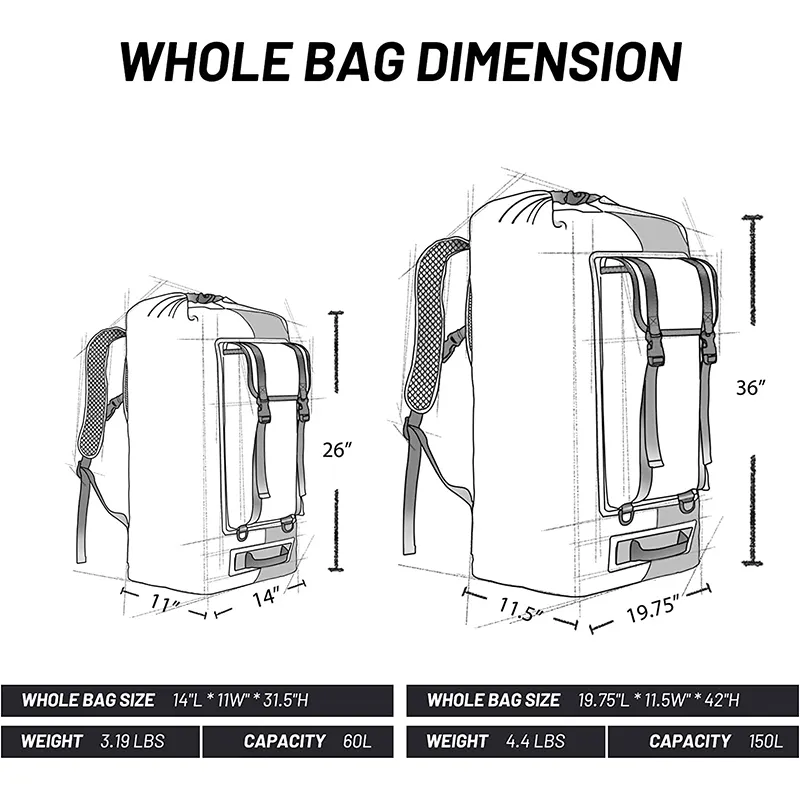 Extra Large Waterproof Backpack Gear for Men Women 60L 150LRoll Top Dry Bags Duffel for Kayaking Hiking Travel Camping