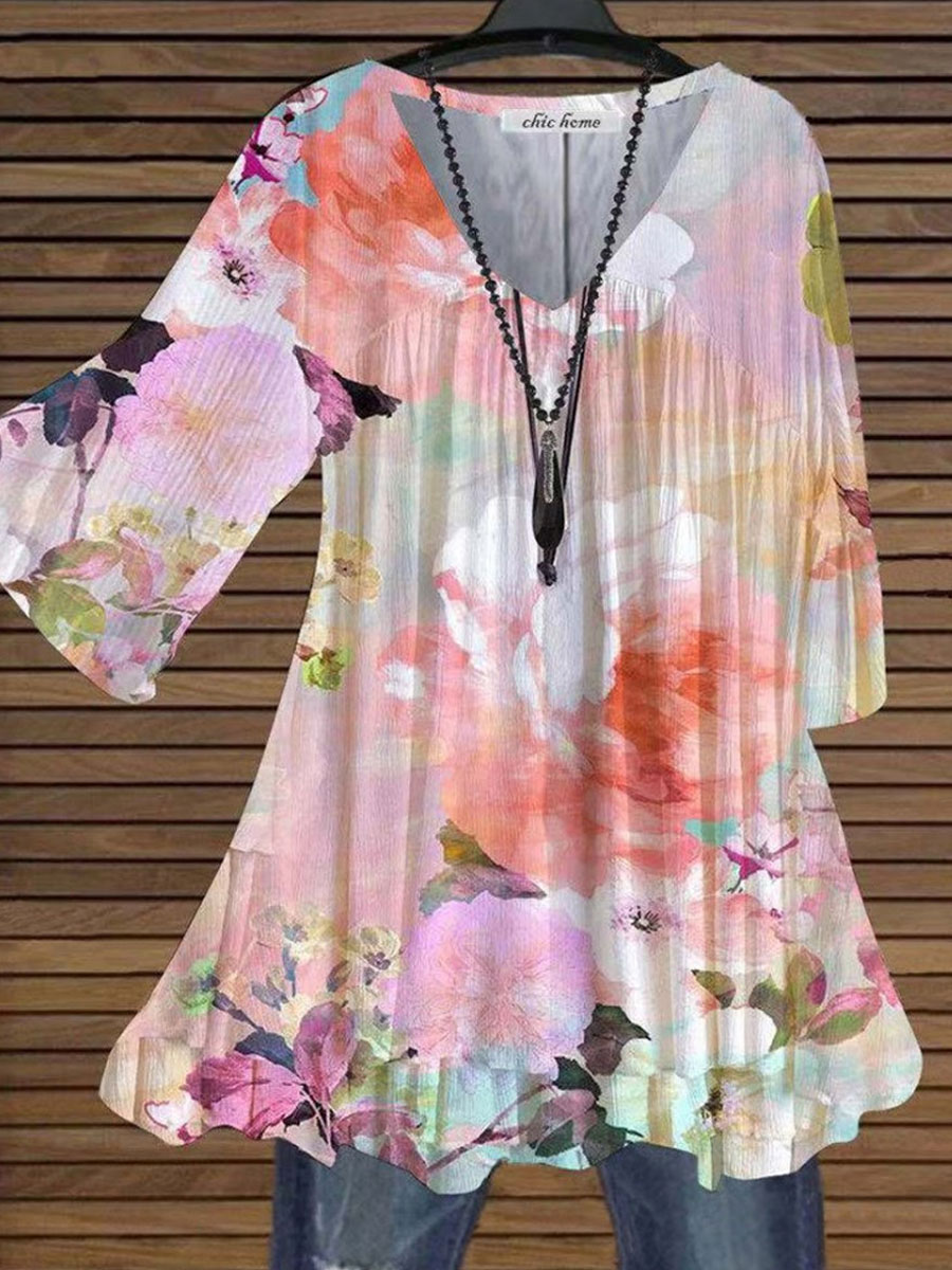 V-neck Casual Loose Floral Print Long Sleeve Blouse