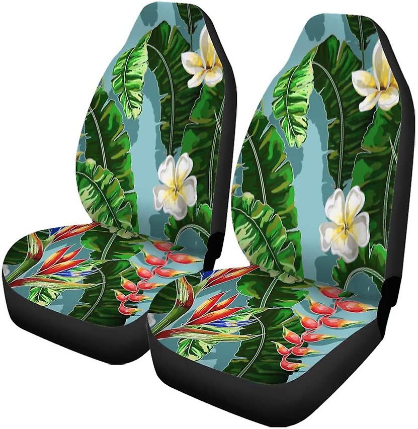 Set Of 2 Car Seat Covers Green Abstract Tropical Flowers Strelicia Plumeria And Banana Leaf Universal Auto Front Seats Protector Fits