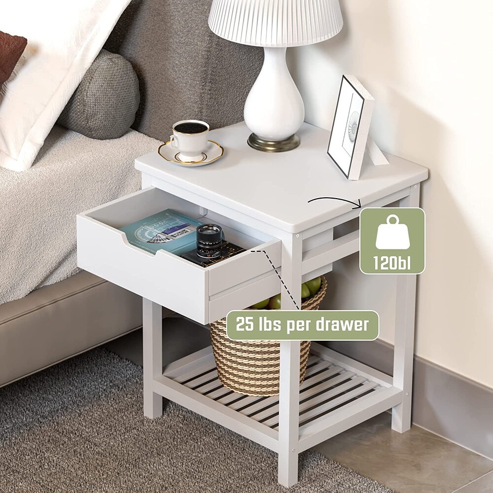 Bamboo Nightstand with Drawer and Open Storage Shelf for Livingroom  Square End Table Porch Bedside Cabinet Coffee Table