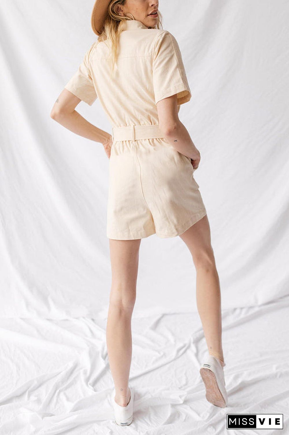 Turndown Collar Button Belted Romper