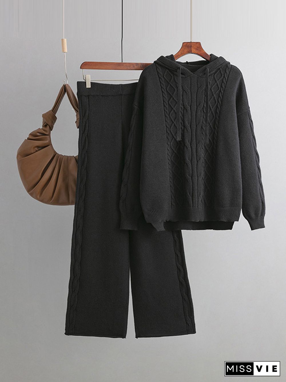 Urban Loose Solid Color Hooded High-Low Sweater Tops & Wide Leg Pants Two Pieces Set