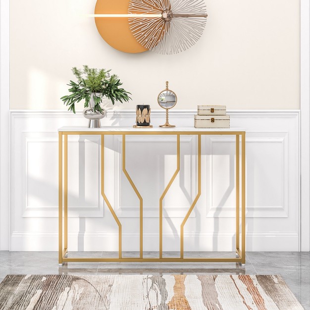 Gold Console Table With Faux Marble Tabletop Golden Metal Frame For Entrance