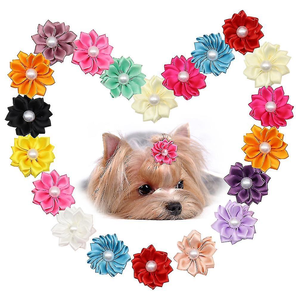 10pcs Cute Dog Hair With Rubber Band Pearl Flower Knotted Dog Bow Pet Grooming Products