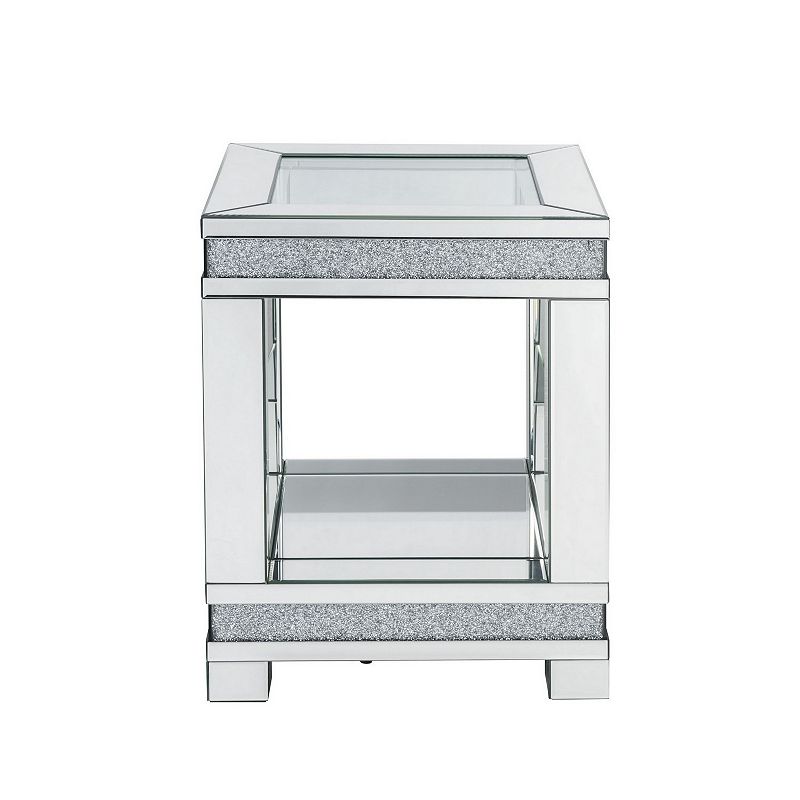 End Table with Faux Gemstone Accents and Open Bottom Mirrored Shelf， Silver