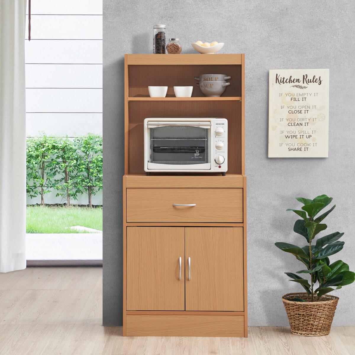 Hodedah 54 Tall Kitchen Cabinet with Open Shelves， 1-Drawer and Bottom Enclosed Storage， Beech