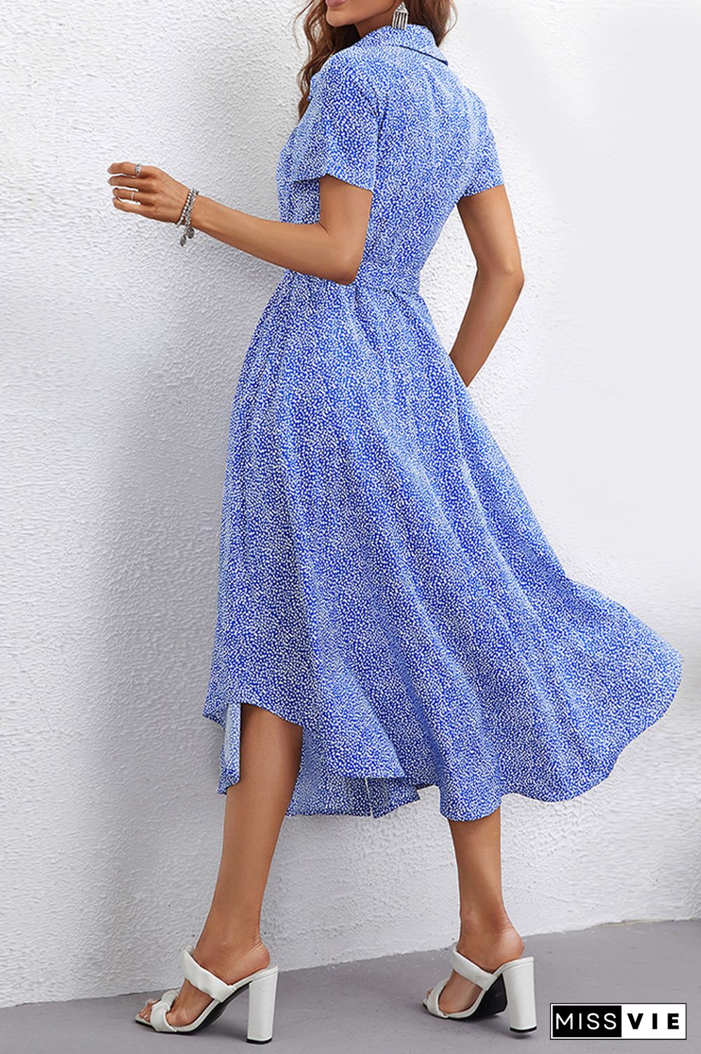 Blue Printed Turn Down Collar Open Button Midi Dress With Sash