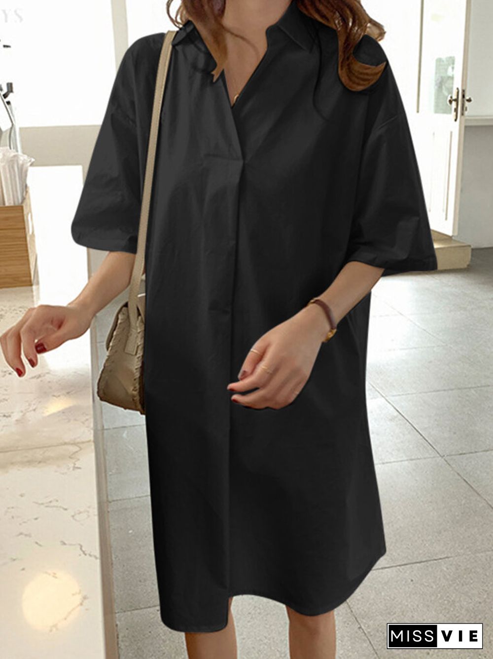 Solid Lapel Half Sleeve Casual Dress