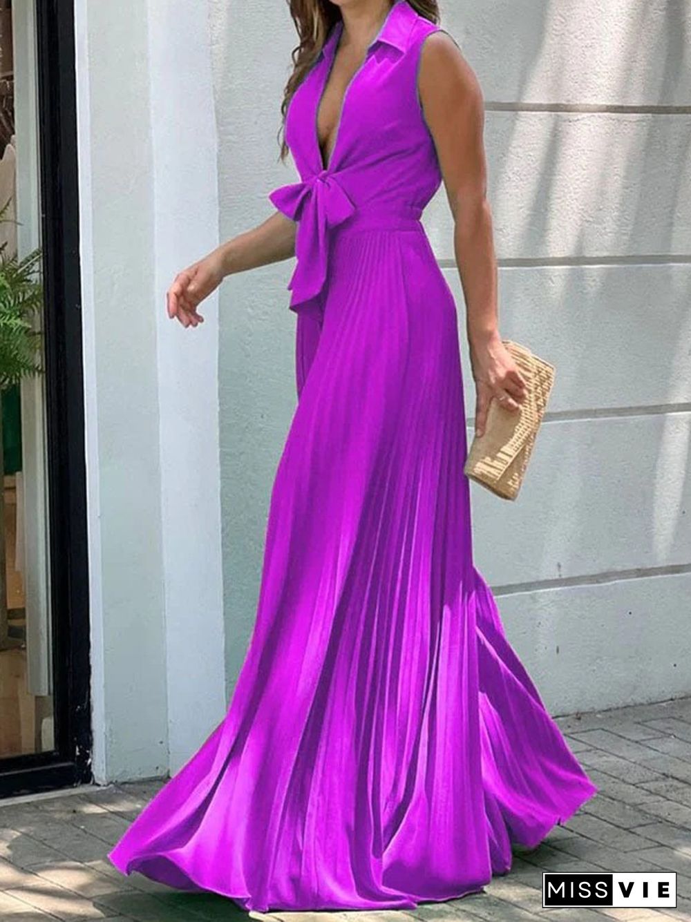 Simple Long Sleeves Lace-Up Pleated Solid Color Deep V-Neck Jumpsuits