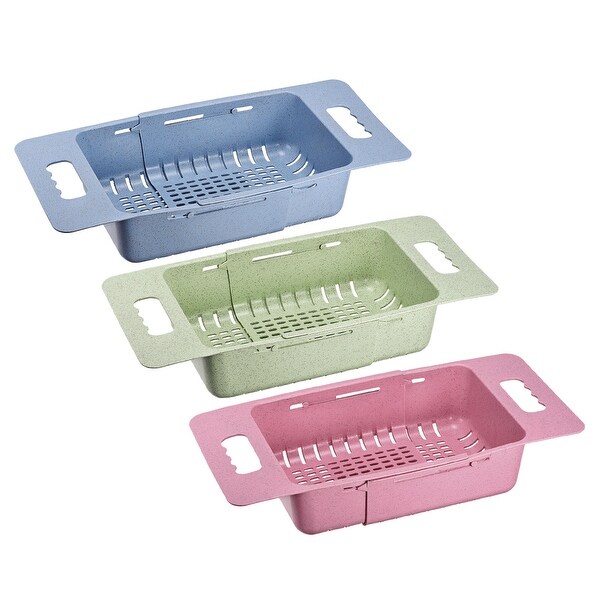 3 Pack Extendable Over the Sink Colanders Strainer for Kitchen - blue green pink - 38cm x 19cm x 8cm