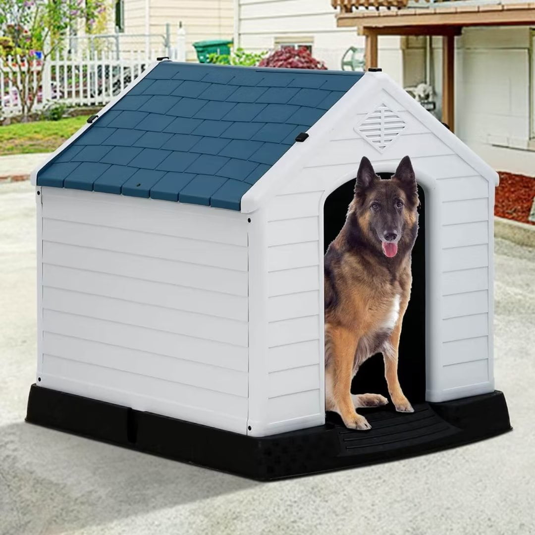 Plastic Dog House 32 inch Large Dog Houses for Small to Large Dogs， All Weather Indoor Outdoor Doghouse with Base Support for Winter Tough Durable House