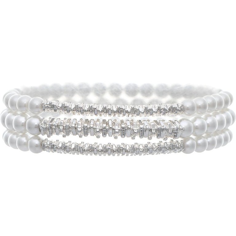 Rain  Silver Texture Bar Faux Pearl Bracelet Set