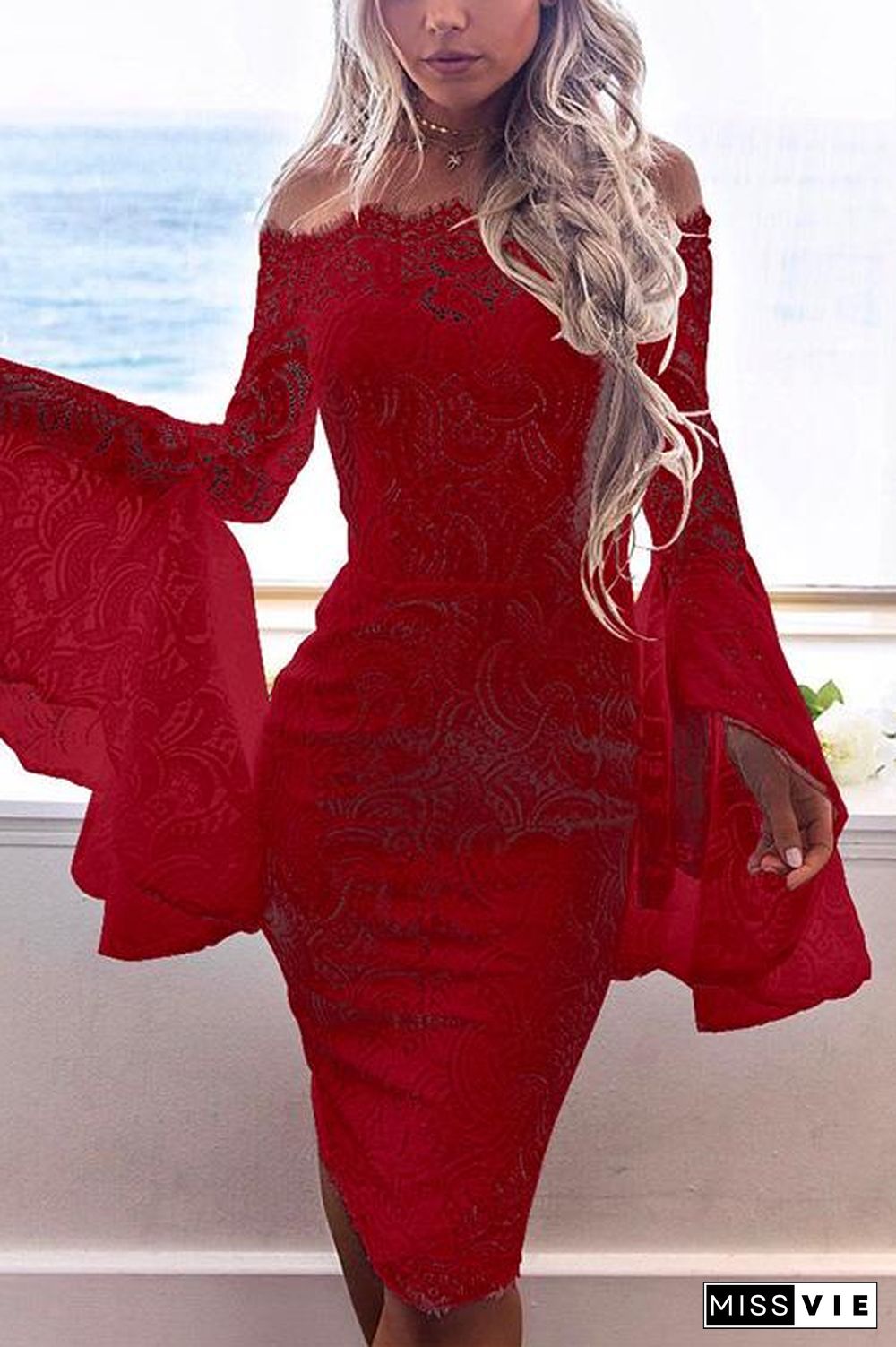 Off Shoulder Bell Sleeves Lace Bodycon Dress