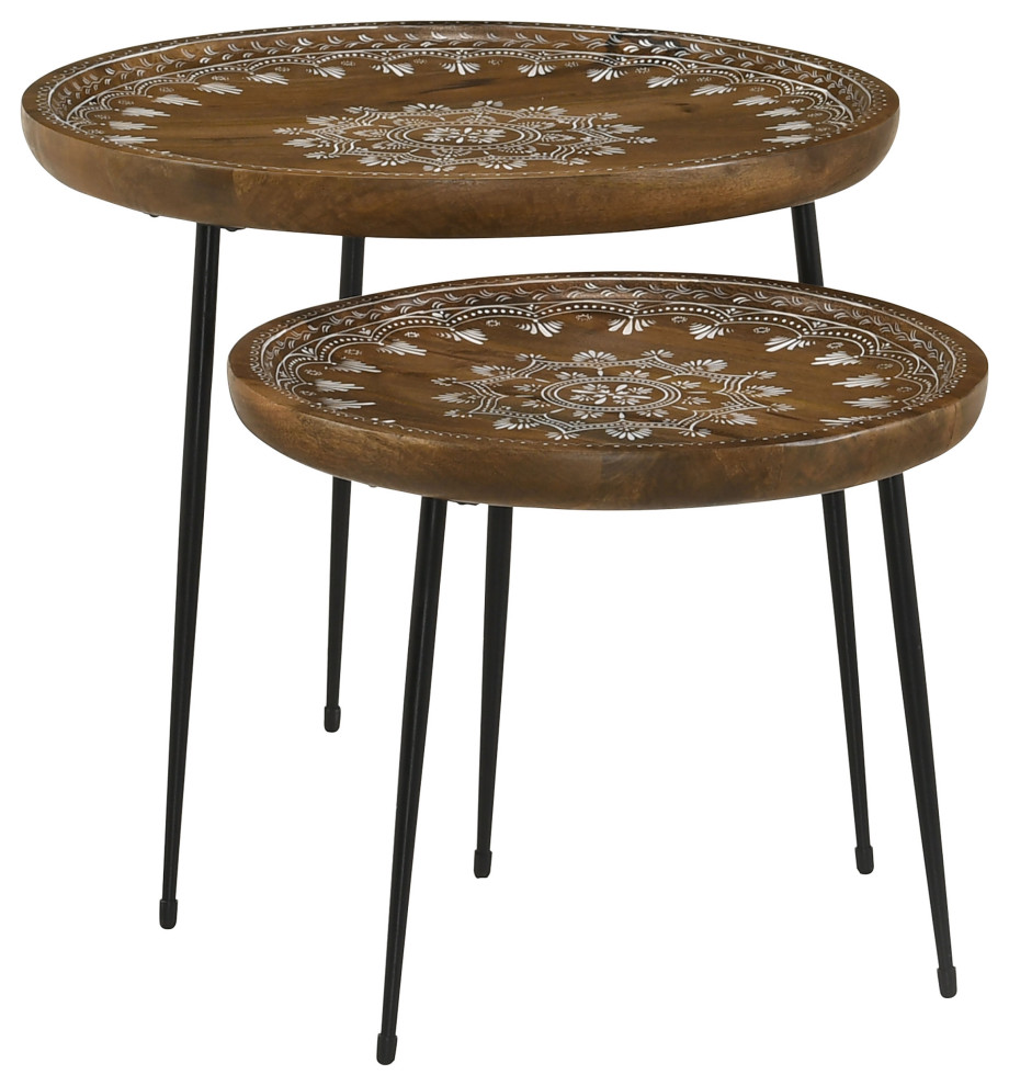 Nuala 2 piece Round Nesting Table With Tripod Tapered Legs Honey and Black   Modern   Coffee Table Sets   by Modon  Houzz