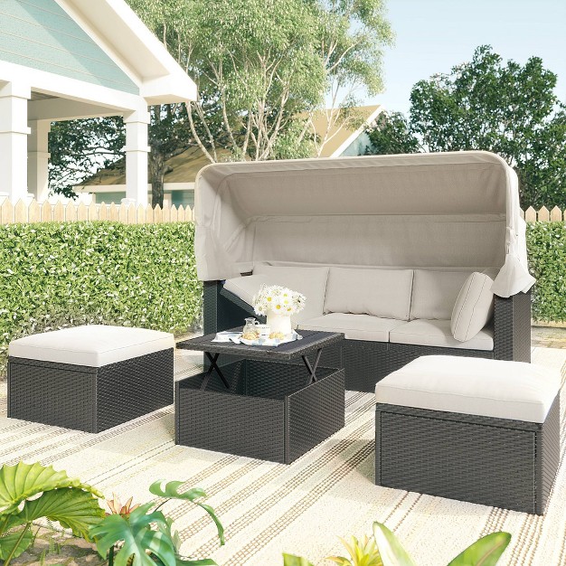 4pc Outdoor Wicker Rectangle Daybed With Canopy amp Cushions Beige Godeer