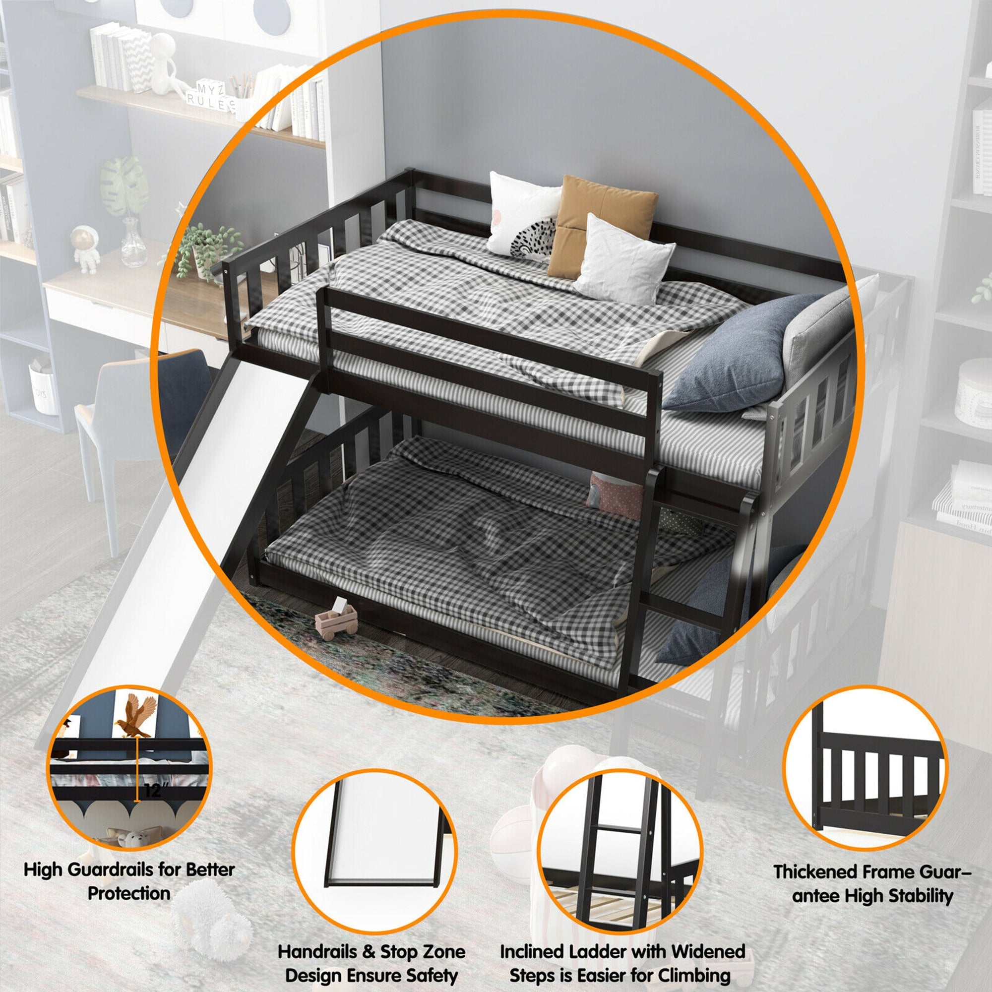 Gymax Twin over Twin Bunk Wooden Low Bed with Slide Ladder for Kids Espresso