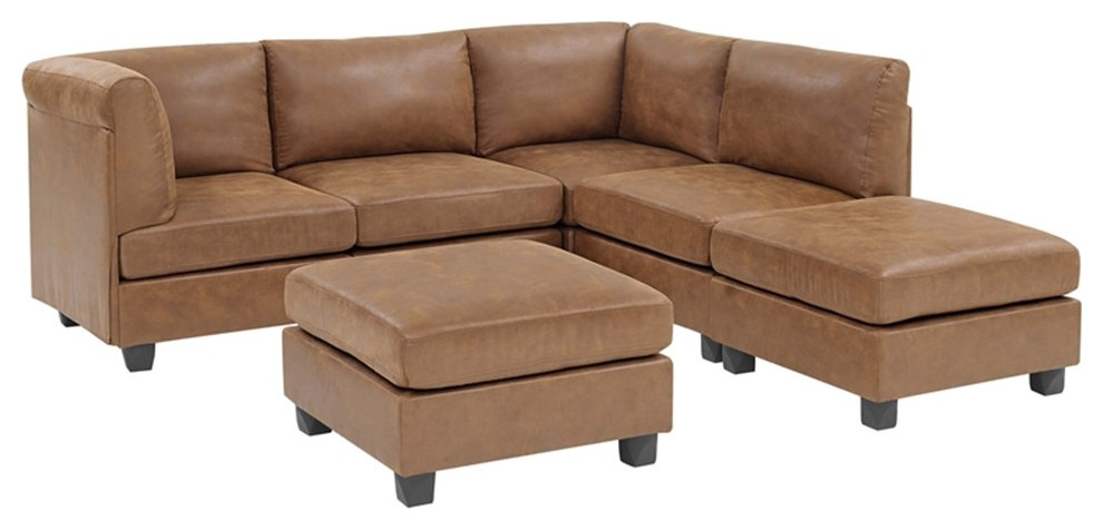 Partner Furniture Faux Leather 120 quotModular Sectional with Ottoman in Ginger   Contemporary   Sectional Sofas   by Homesquare  Houzz