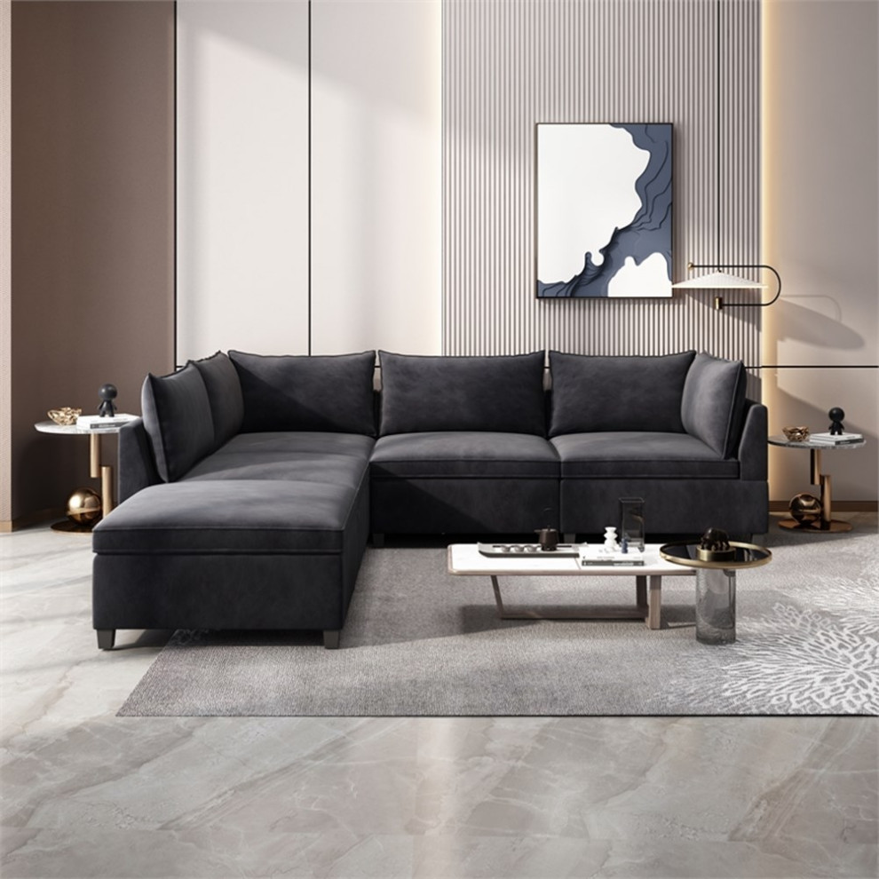 Devion Furniture Modern Fabric Sectional Sofa in Dark Gray   Sectional Sofas   by Homesquare  Houzz