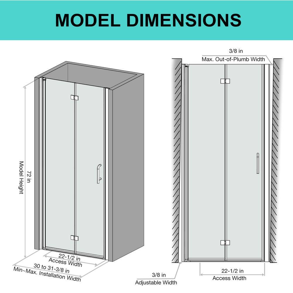 ES-DIY 30-31 in. W x 72 in. H Bifold Frameless Shower Door in Chrome Finish with Clear Glass KJSD3072H