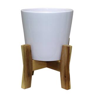 Southern Patio Contemporary Medium 8 in. x 11.02 in. 5 qt. White Ceramic Indoor Planter With Wood Stand CRM-049388