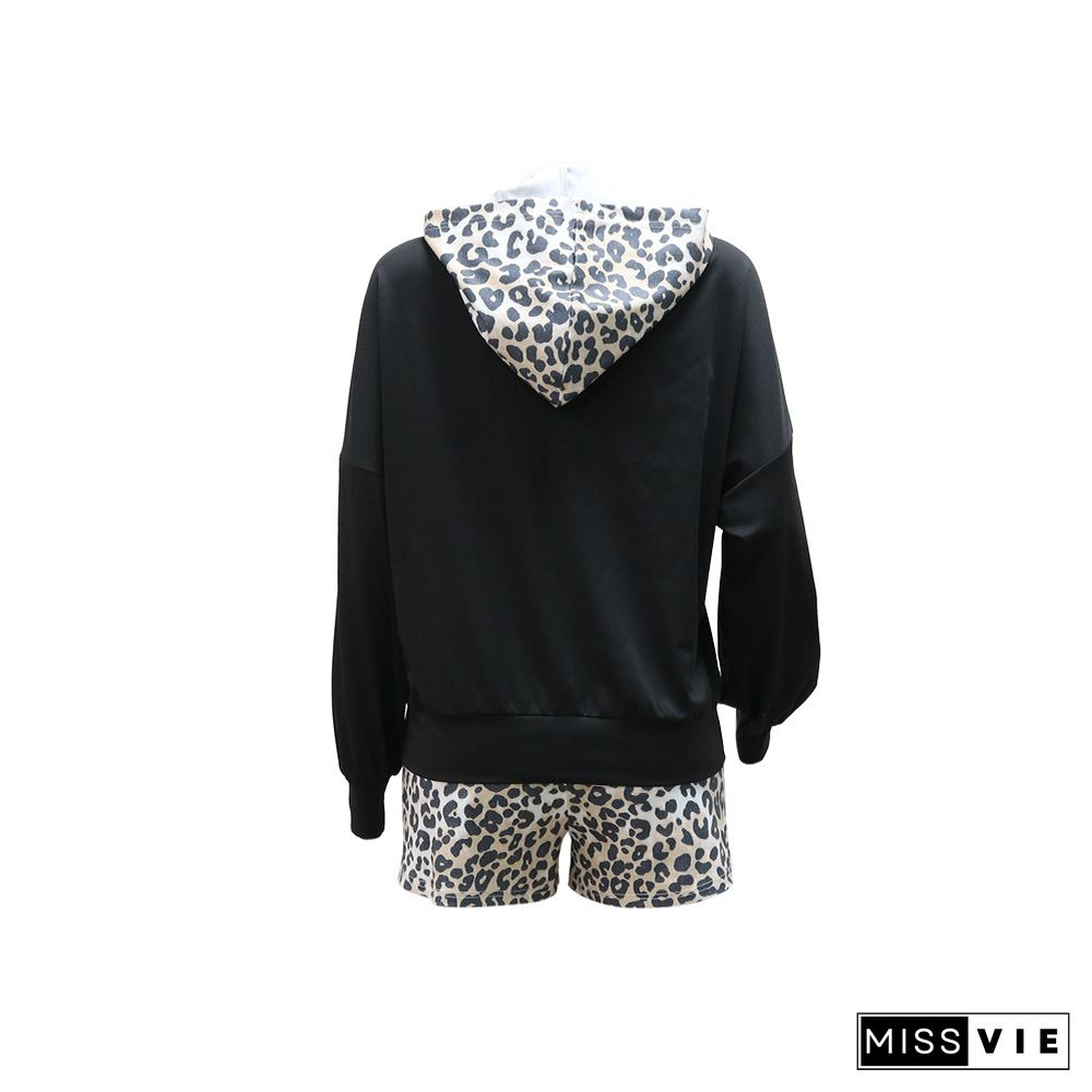 Leopard Patchwork Loose Hoodies Tops+Shorts Tracksuit