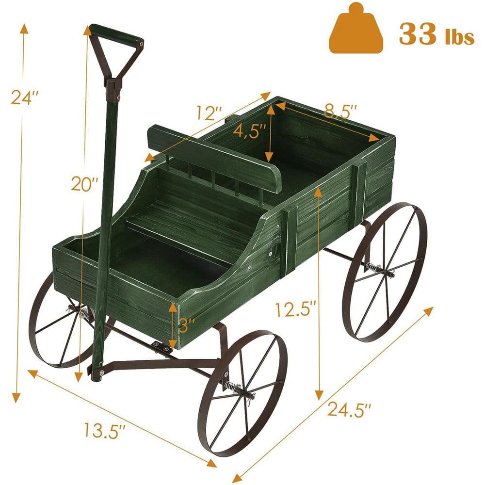 Alpulon Wooden Wagon Plant Bed in Green with Metal Wheels ZMWV540-G