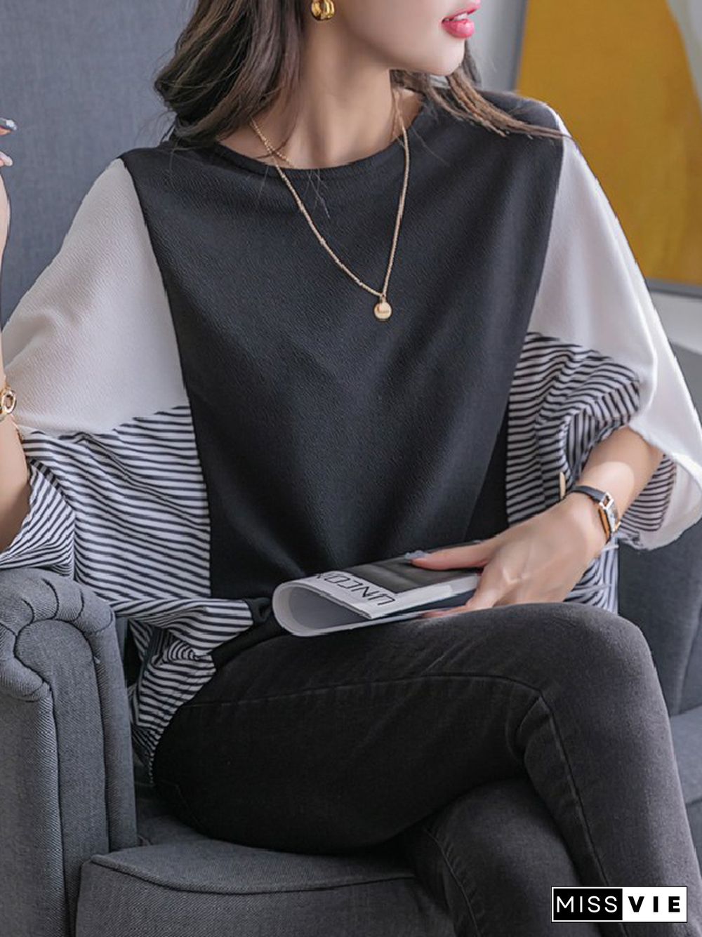 Batwing Sleeves Loose Contrast Color Split-Joint Round-Neck T-Shirts Tops