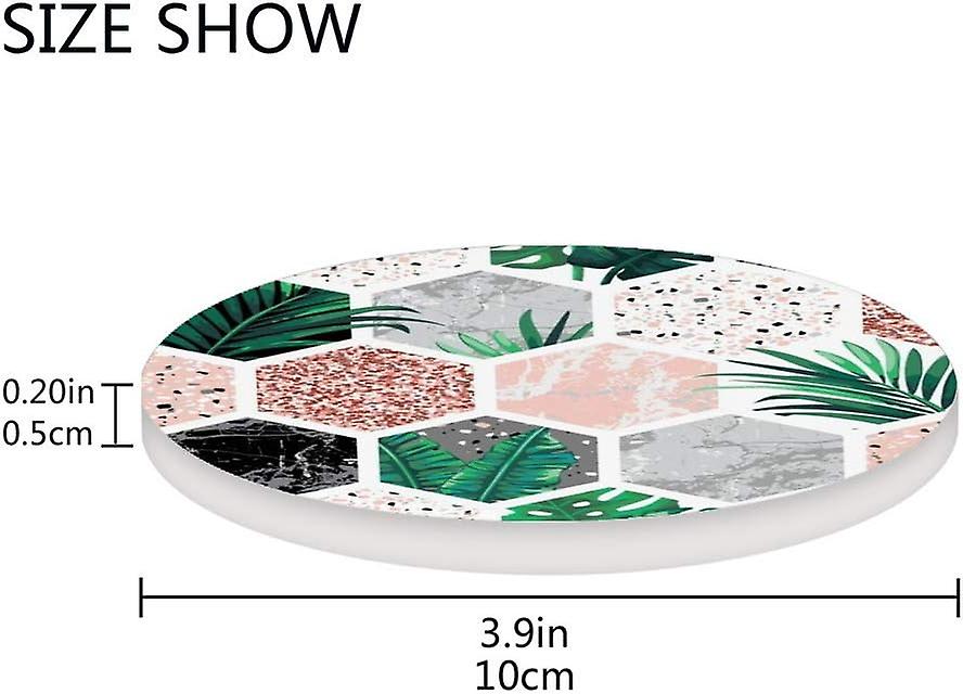 Printed Round Geometric Marble With Leaves Splashes Ceramic Coasters With Cork-backed For Coffee Drink Cup Mat Absorbent Stone Coaster Set Of 1/2/4