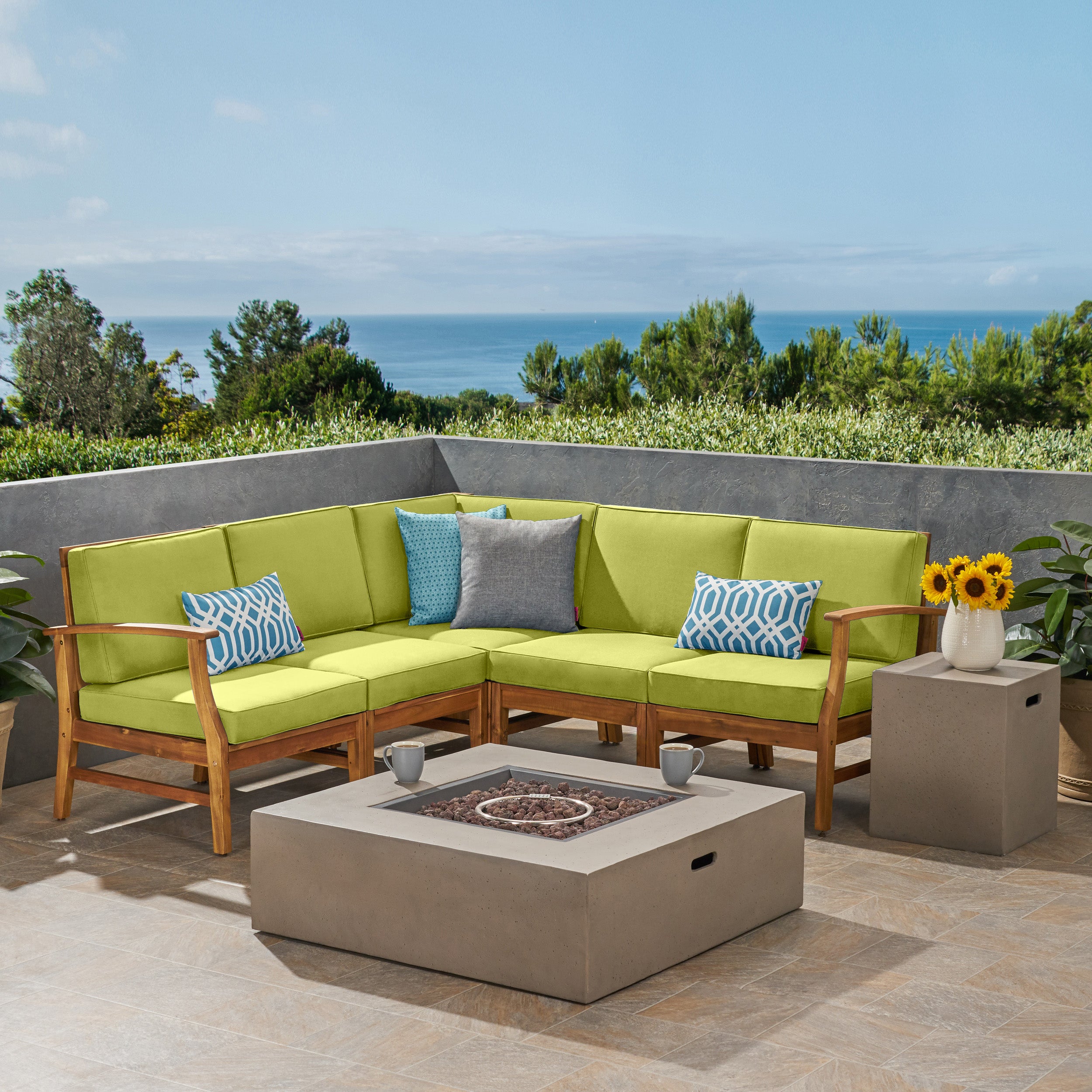 Nyeemah Outdoor 5 Seater V-Shaped Acacia Wood Sofa Set with Square Fire Table and Tank