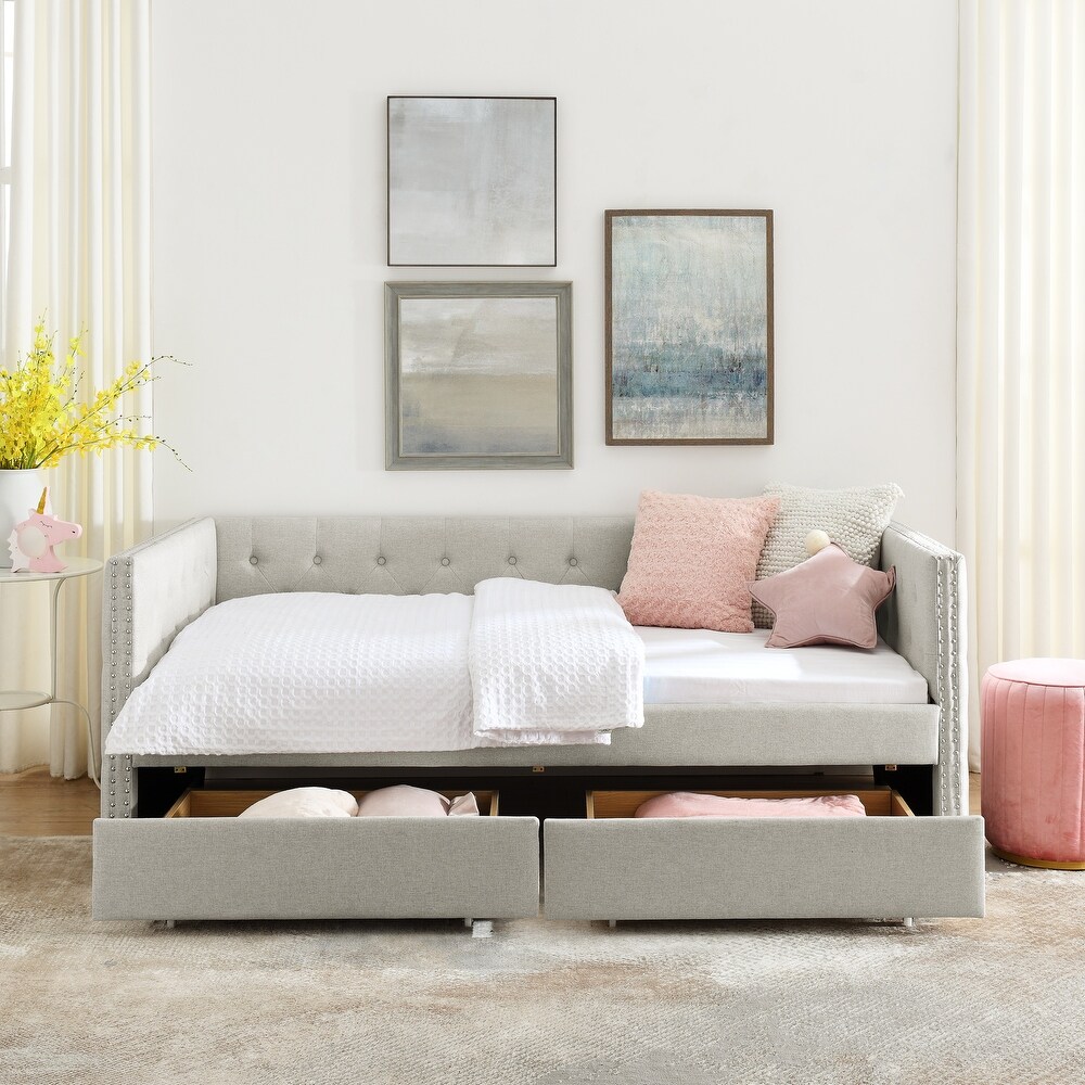 Upholstered Twin Size Daybed with Two Drawers