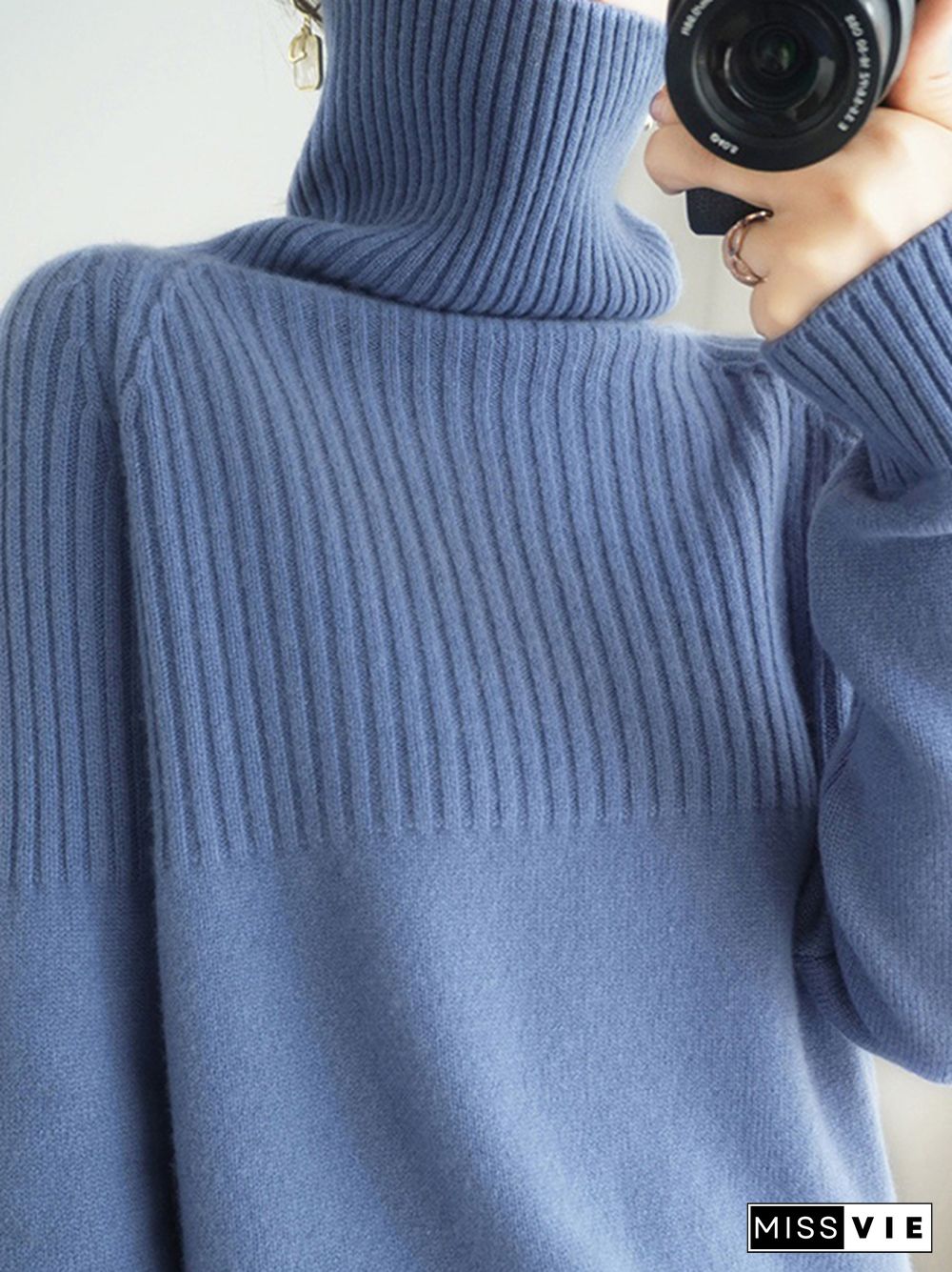 Casual Long Sleeves Loose Solid Color High-Neck Sweater Tops