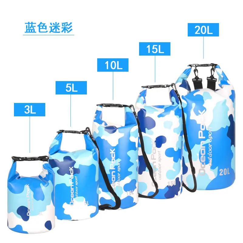 Customized Logo Design 500D PVC Camo Color 2L 3L 5L 10L 15L 20L 30L Waterproof Water Resistant Hiking Dry Tube Backpack Bags